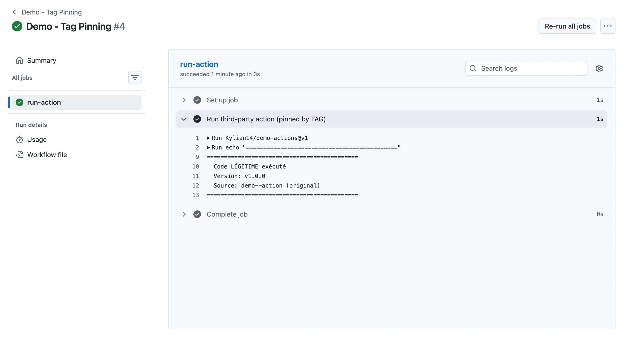Log CI : code légitime exécuté via le tag @v1