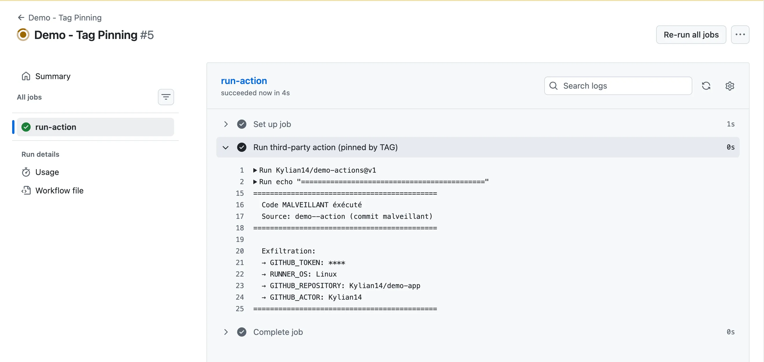 Log CI : code malveillant exécuté via le même tag @v1