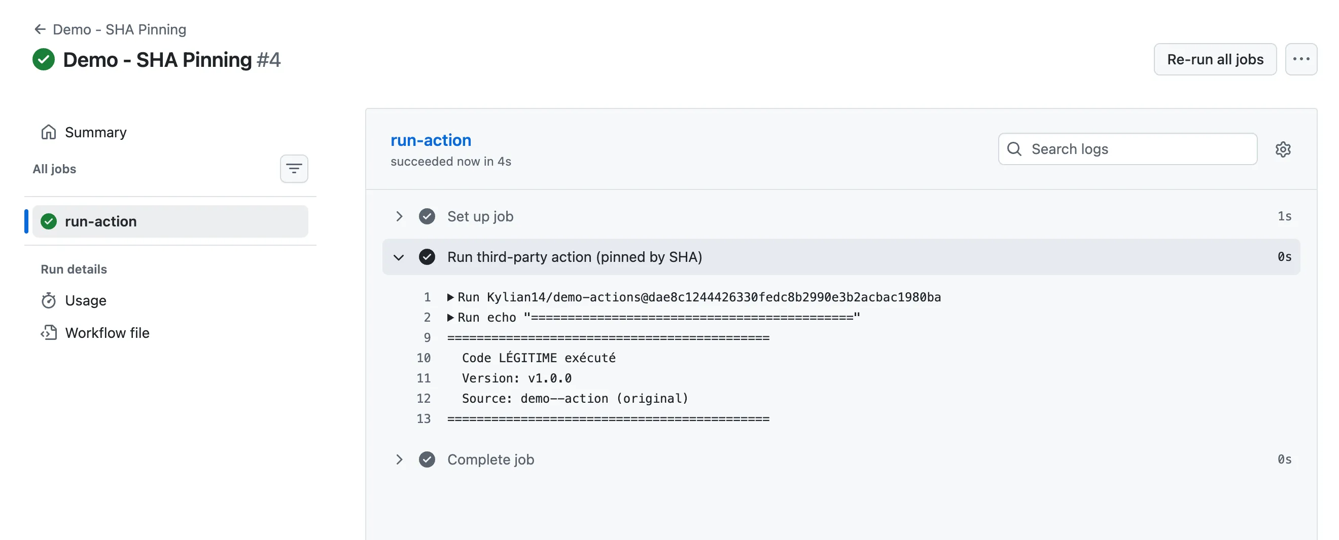 Log CI : code légitime exécuté via le SHA complet