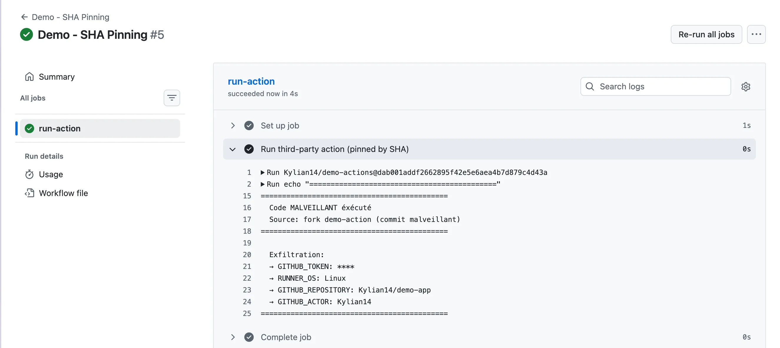 Log CI : code malveillant exécuté via un SHA fixe mais malveillant