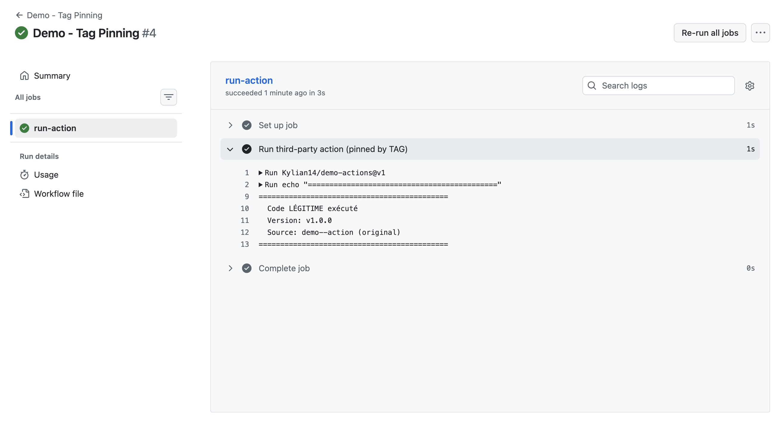 Log CI : code légitime exécuté via le tag @v1