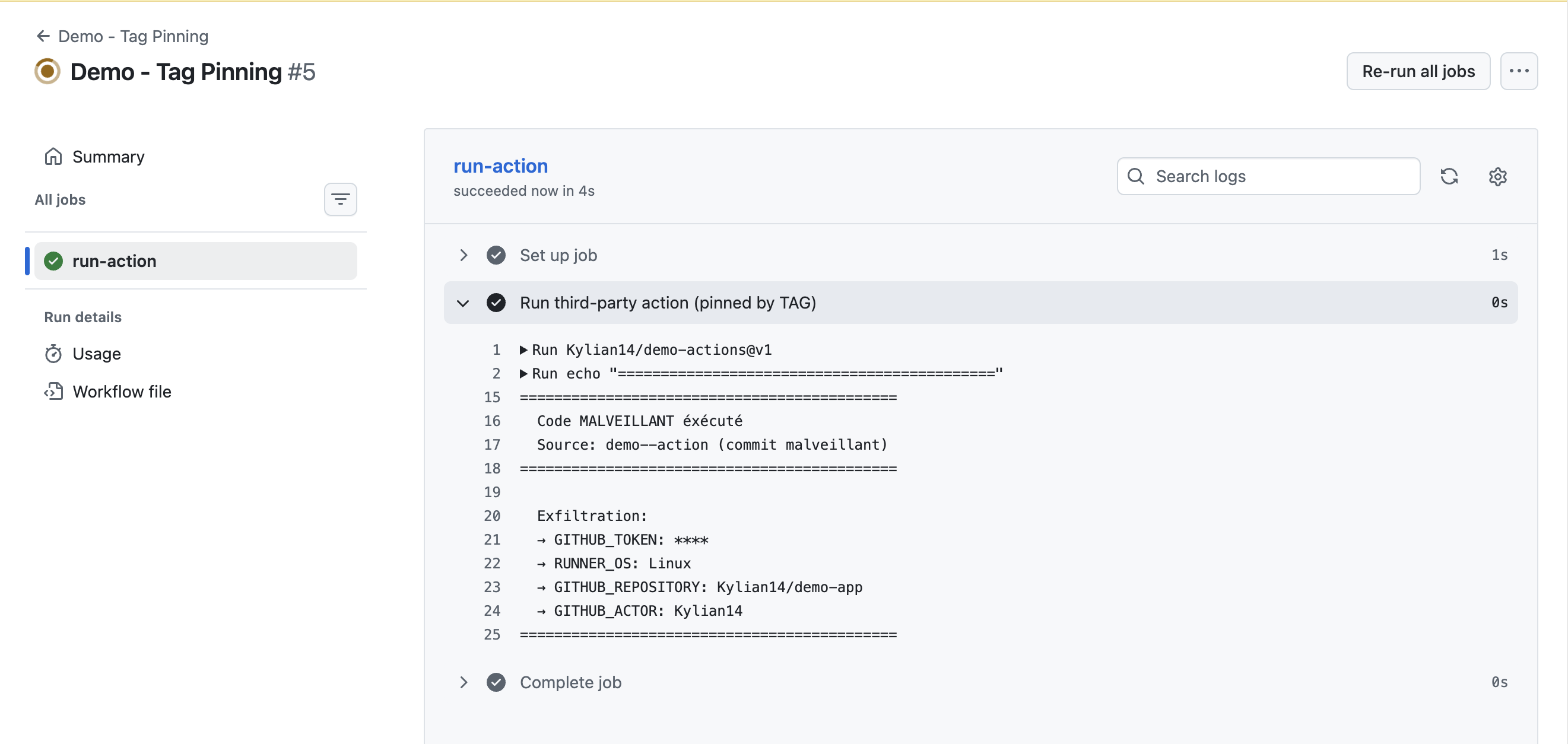 Log CI : code malveillant exécuté via le même tag @v1