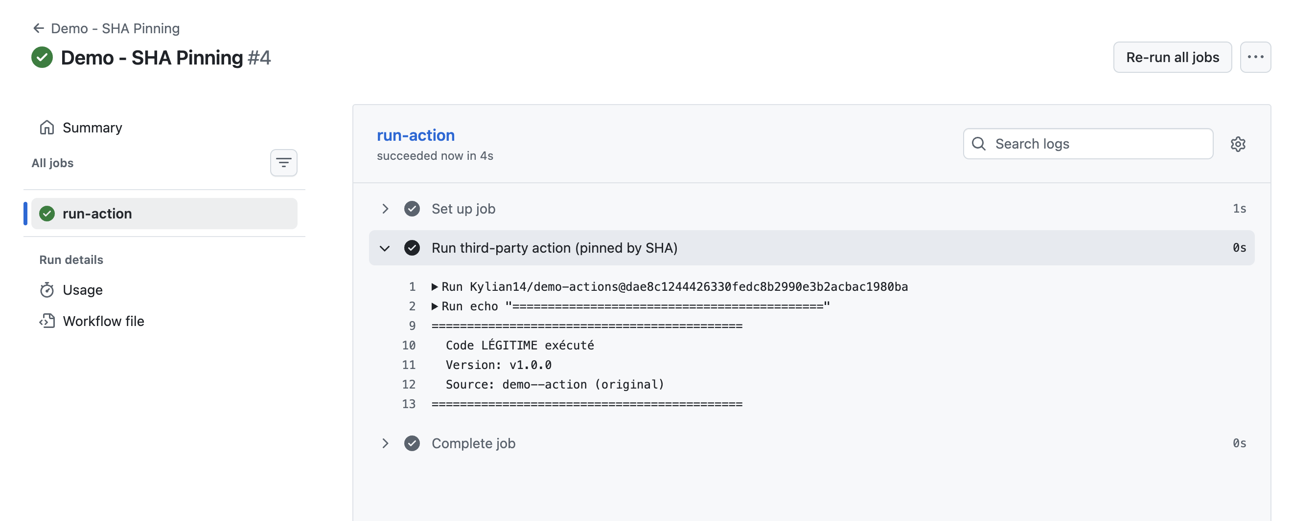 Log CI : code légitime exécuté via le SHA complet