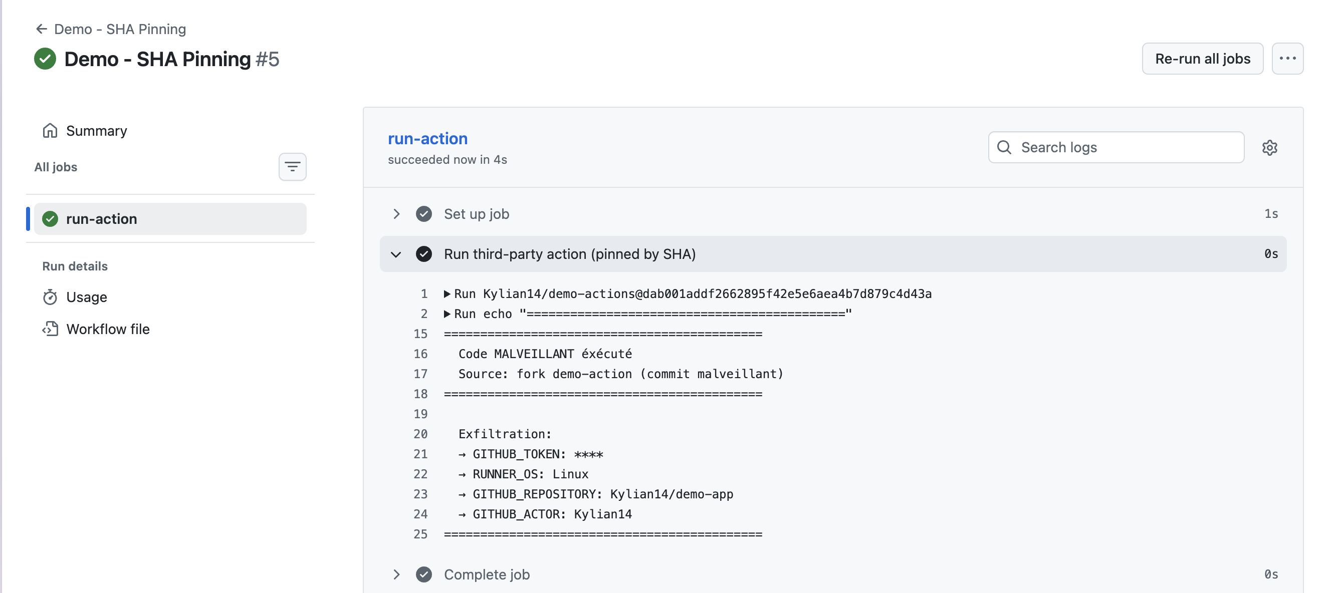 Log CI : code malveillant exécuté via un SHA fixe mais malveillant